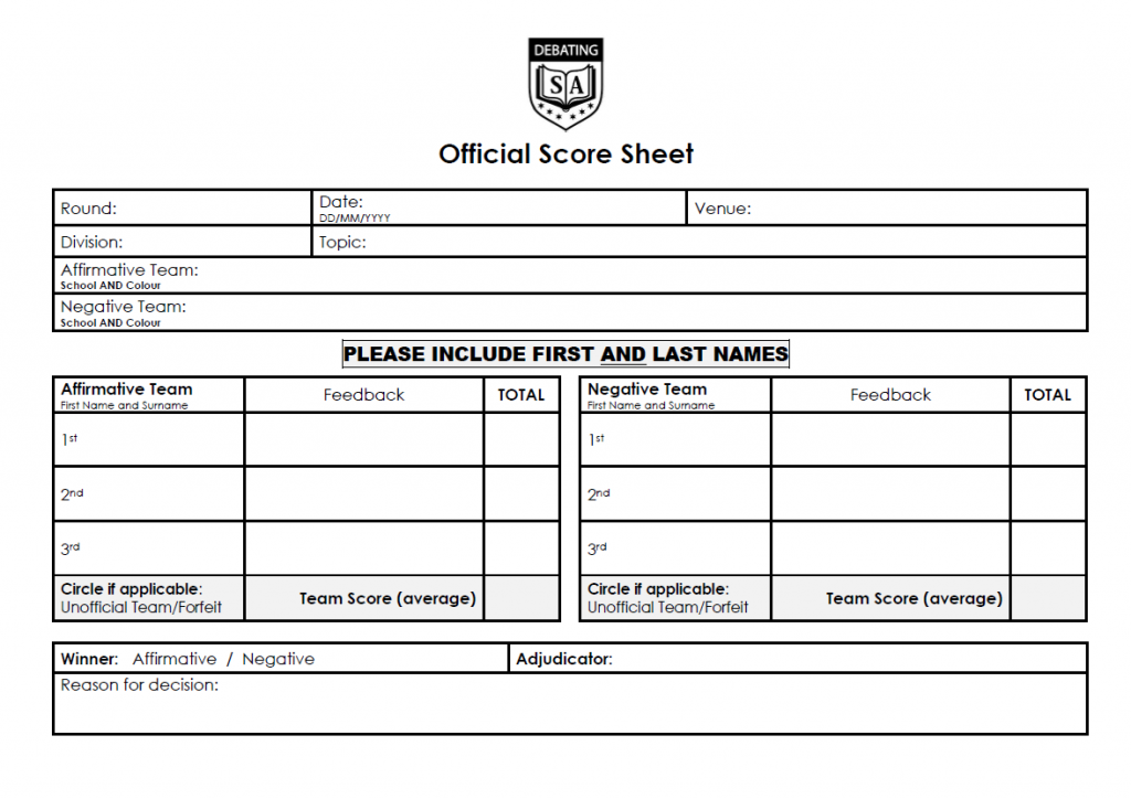 Chairman Timekeeper And Official Score Sheets Debating SA Incorporated